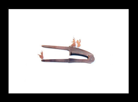 Affan Baghpati  A Warm Embracing Dance Away, 2018  Sarota (Betel nut cracker); copper and brass, hand sawing, found object, (casting, soldering, riveting)  12.50 x 26 x 3 in